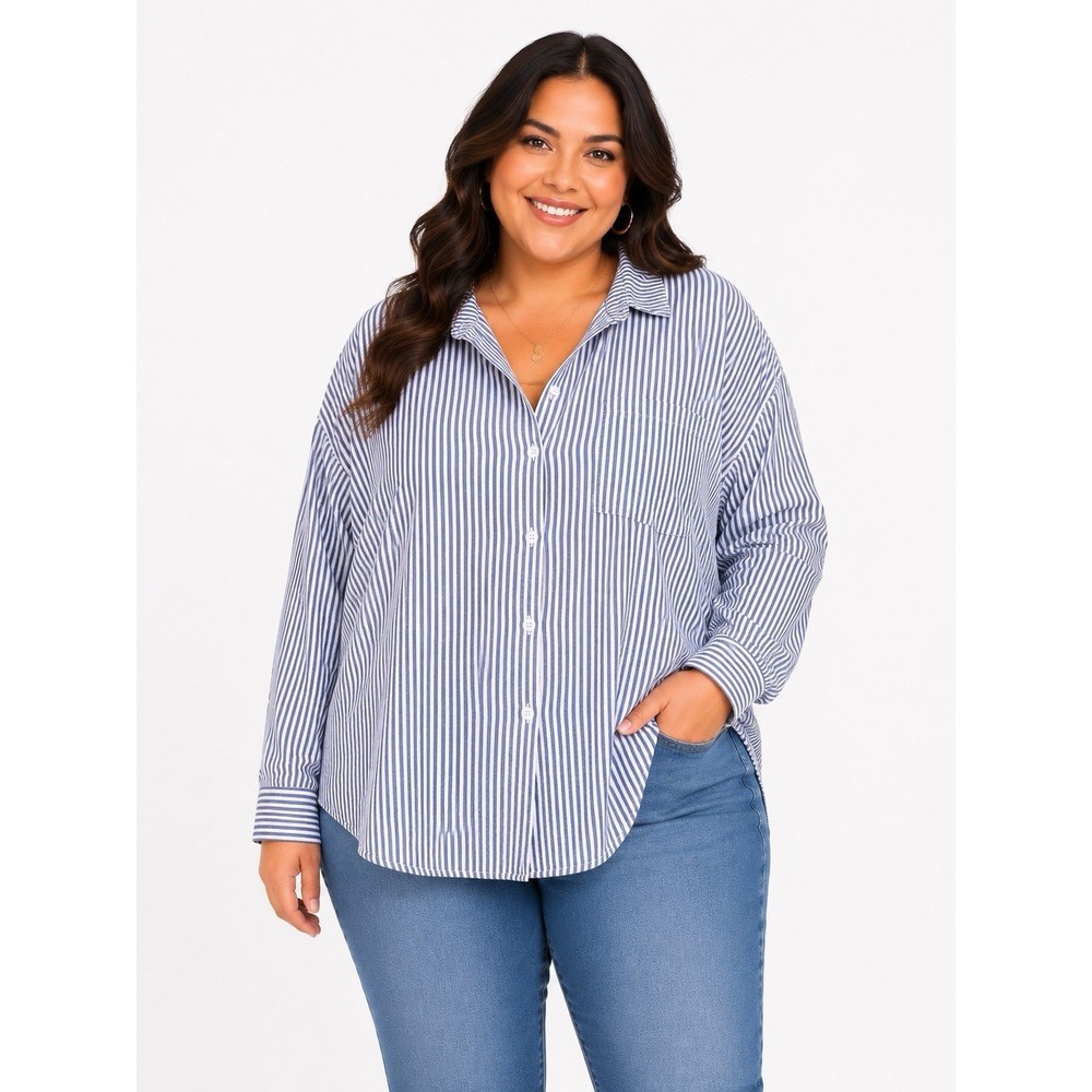 In Voland Plus Size 26W Womens Blue White Stripe‎ Cotton Button Down Shirt